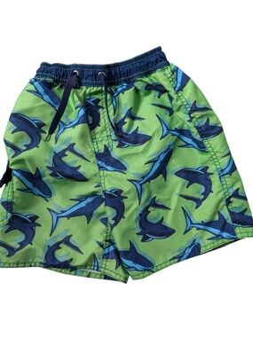 First Wave Shark-Print Swim Shorts - Green & Blue Size 4/5